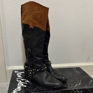 Sam Edelman Black and Brown Knee-High Boots with Studded Straps